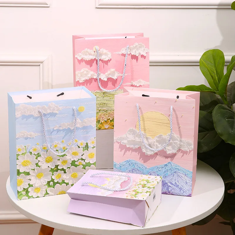 

12pcs Oil Painting Paper Hand Bags For Candy Festival Valentines Day Gift Packaging Favors Birthday Party Wedding Supplies