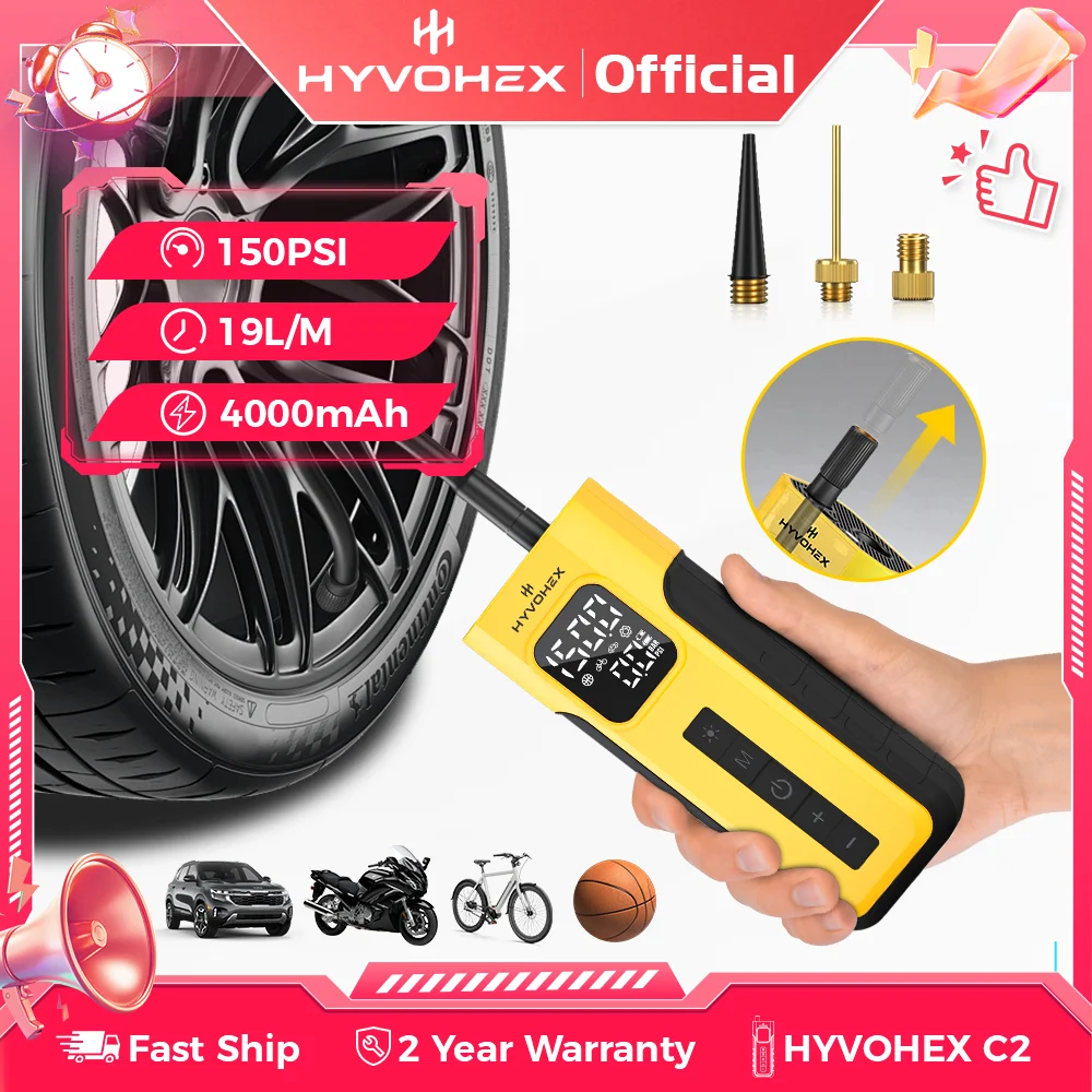 

HYVOHEX C2 Wireless Car Portable Air Compressor 100% Duty Cycle 4000mAh LED Light Tire Inflator Pump Cars Motorcycles Bicycles