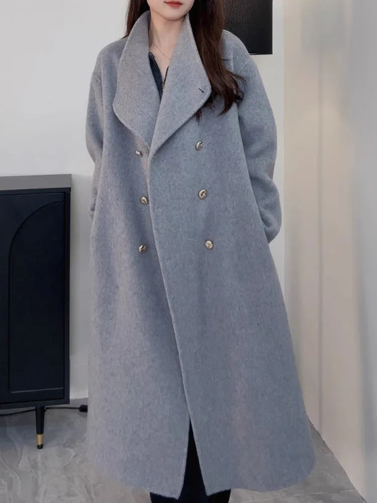 ZMEENNA 女性のロングウールコートエレガントな冬ラペルジャケットシックなアウターウェア暖かいダブルブレスト全身オーバーコート ZM3720