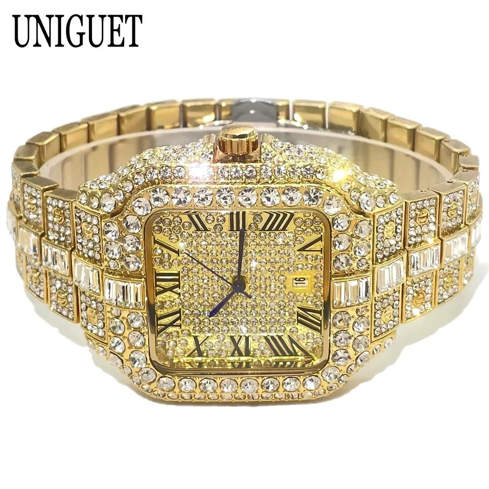 

2024 New UNIGUET Iced Out Watch For Men Fashion Bling Jewelry Quartz Watches Male Hip Hop Diamond Square Wristwatch Dropshipping