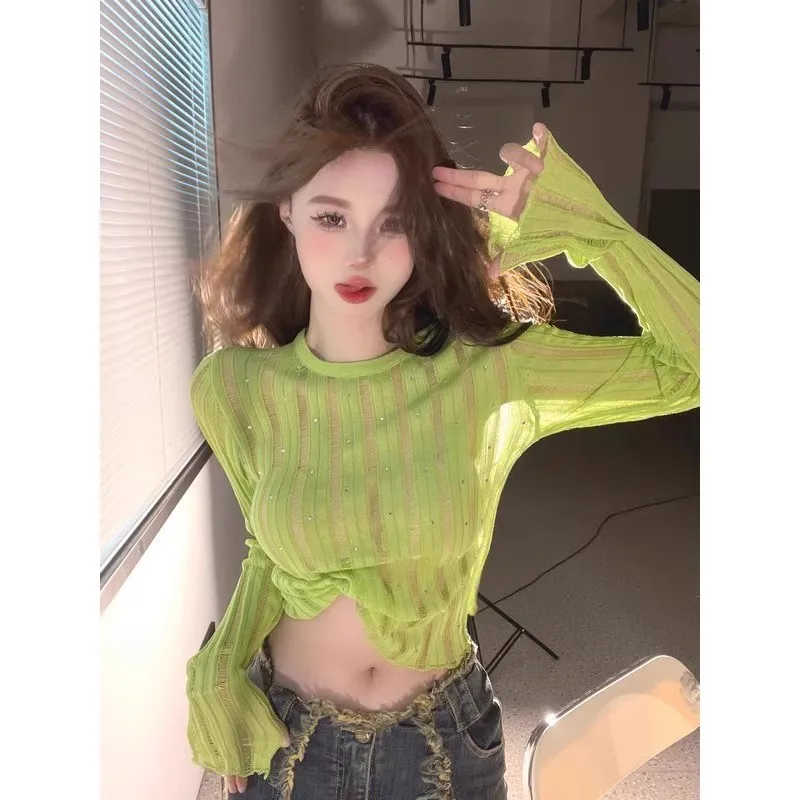 2026 New Knit Sun Protection Cover Up T shirt for Women Thin Long Sleeve Hollow Out Slim Fit Basic Top Sweet Casual Sheer for