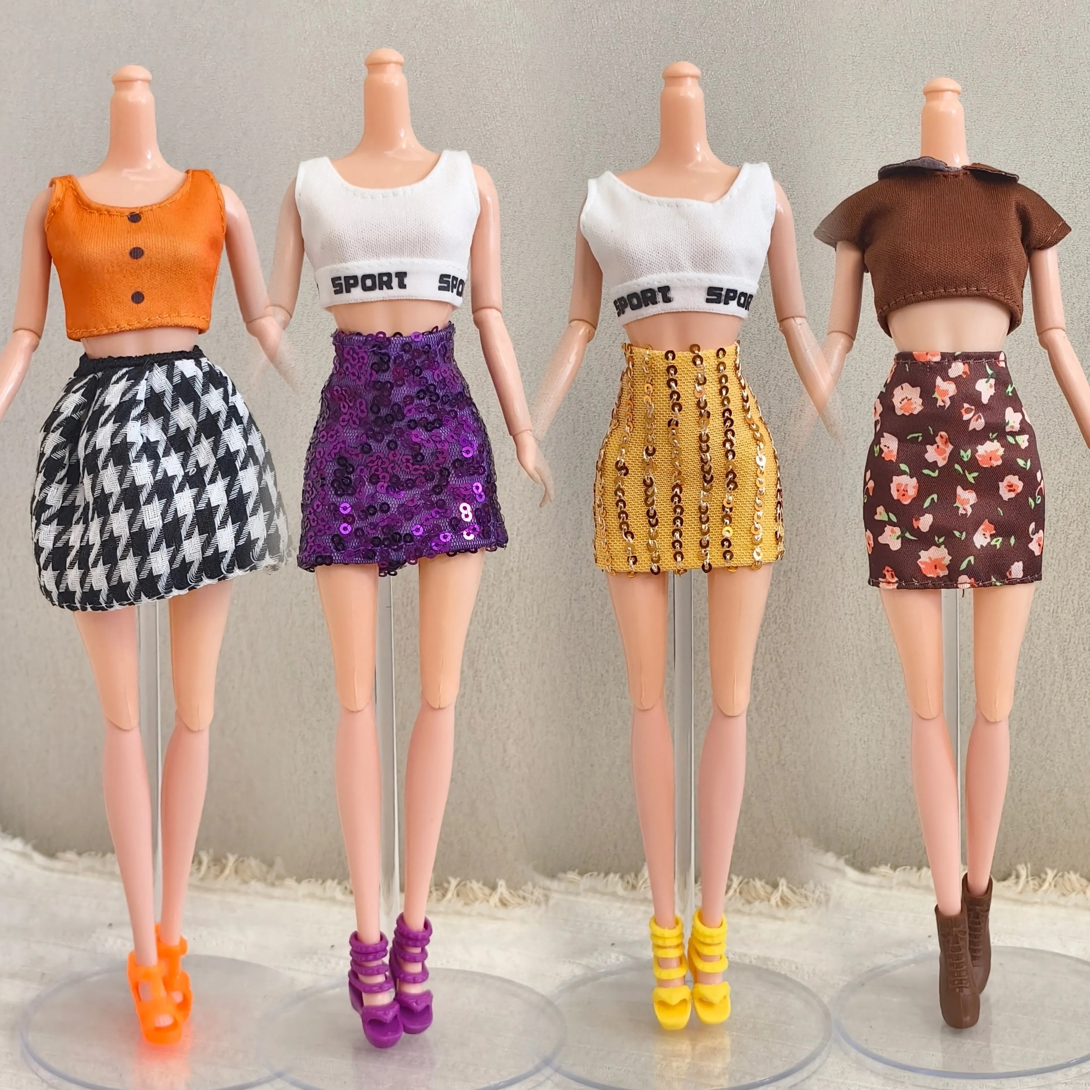 1/6 Doll Clothes Parts Fashion Retro Brown Top+Floral Skirt/White Vest+Sequin Short Skirt For FR Babi Supermodel Doll Dress Up