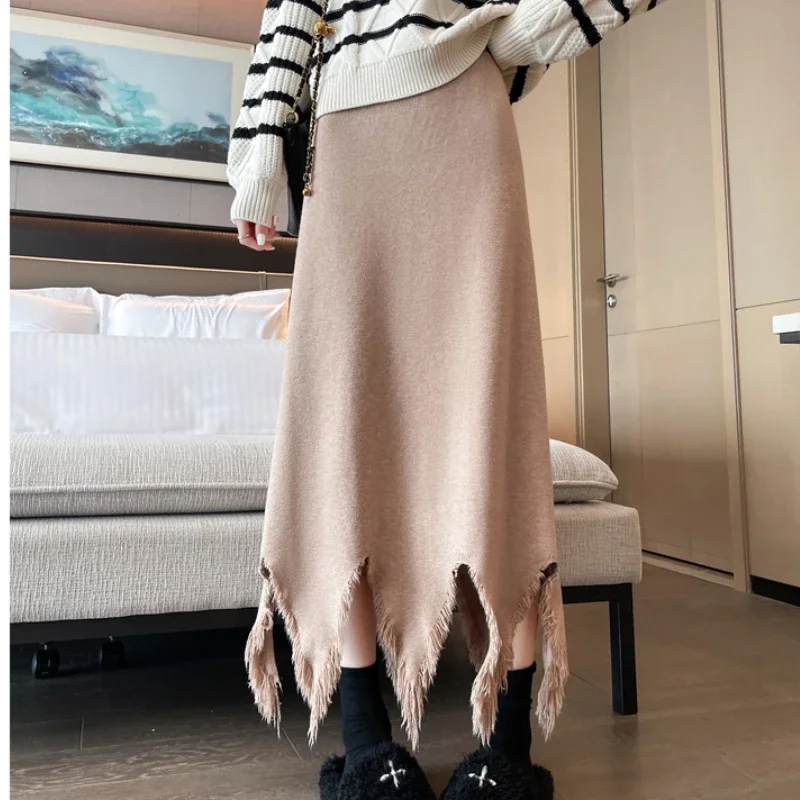 Fashion Irregular Knitted Skirt Women 2024 Autumn Winter High Waist A Line MidiI Skirt Female Aesthetic Tassel Long Faldas Mujer