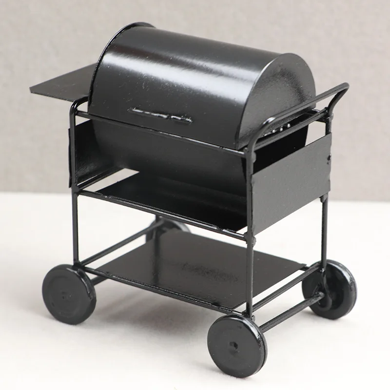 Juego de barbacoa de metal en miniatura para casa de muñecas a escala 1:12, estante cuadrado para barbacoa con parrilla al aire libre + carrito de juguete |   Accesorios de decoración DIY para juego de imitación