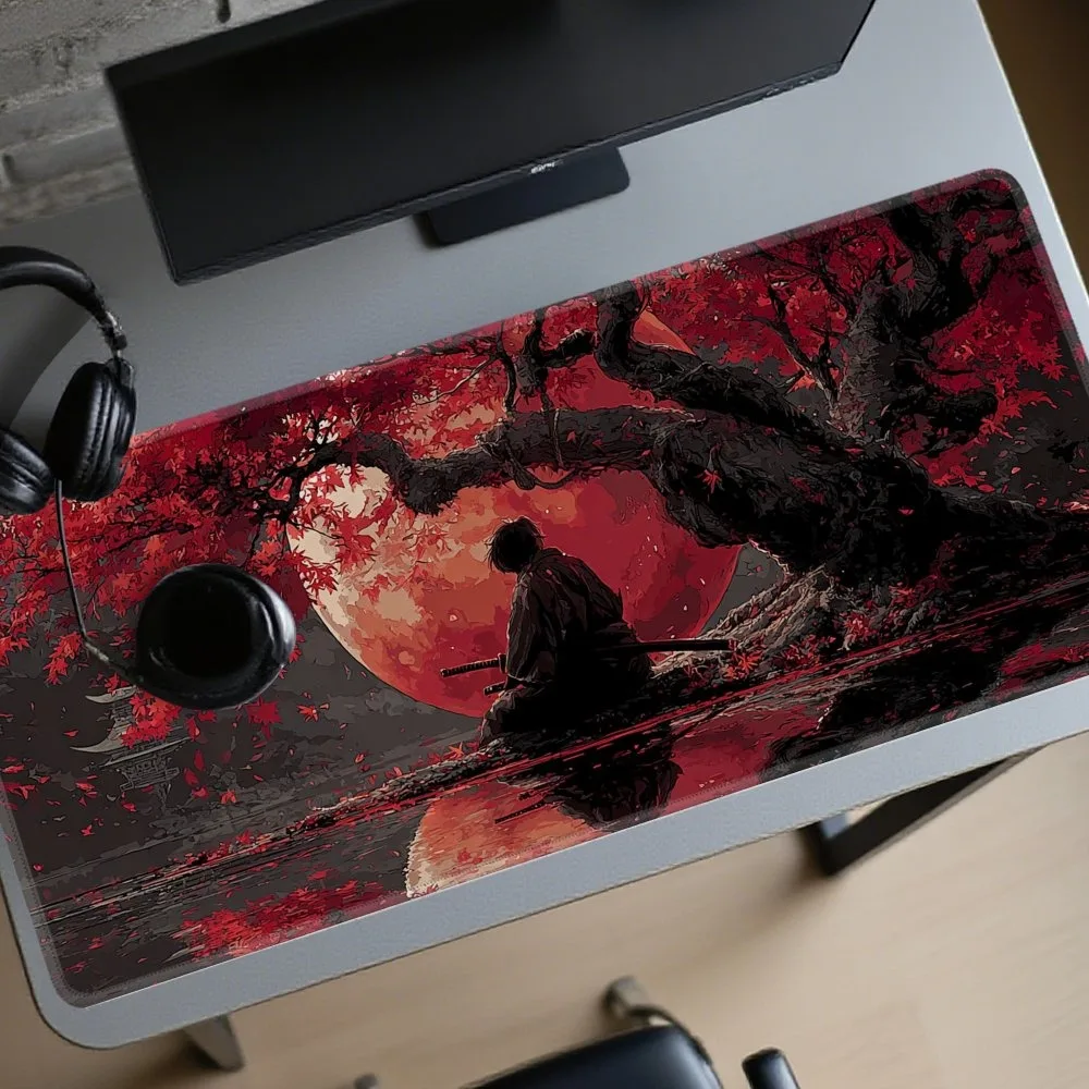 Warrior Warrior Mouse Pad tapis de souris Gaming Mouse Pad, design lune rouge et arbre d'érable - Tapis de bureau antidérapant