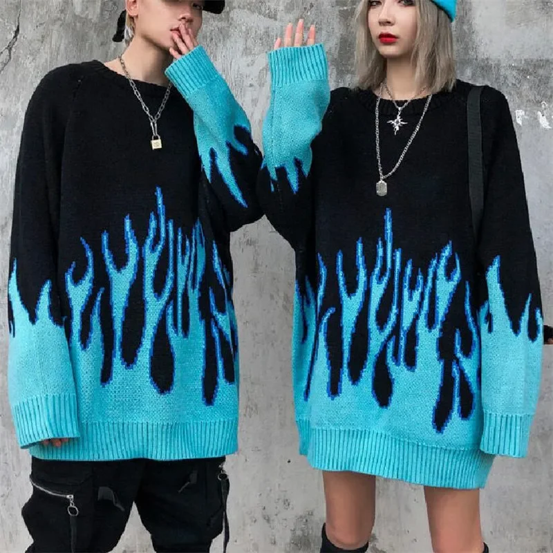 New Winter Autumn Sweater Women Men Casual Long Sleeve Blue Flame Oversized Pullover Sweater Loose Boyfriend Pullovers