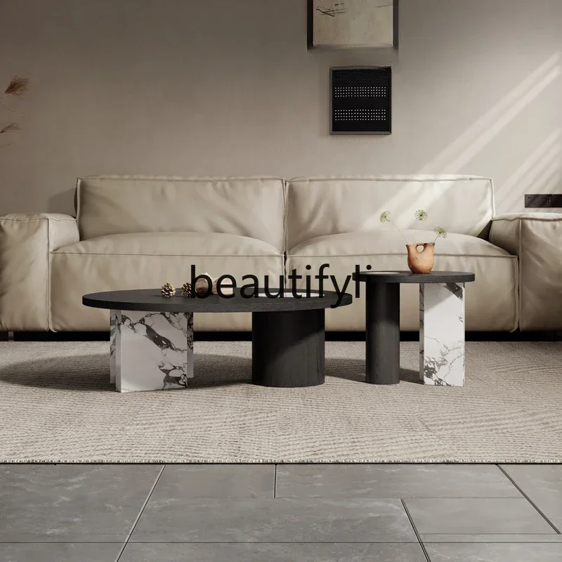 Mesa de centro minimalista italiana a56, laje de rocha, sala de estar, criativa, madeira fumada, couro, combinação redonda