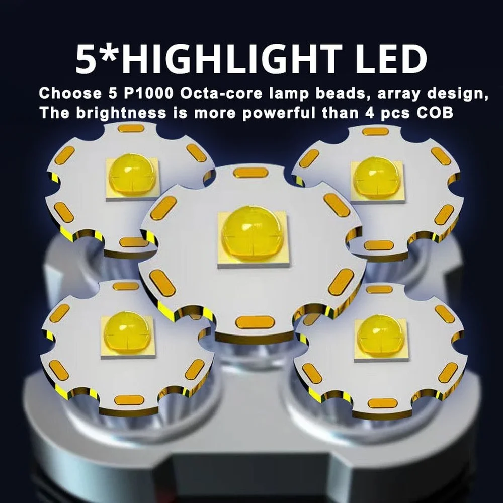 5 LED Flashlight High Power Rechargeable Waterproof Led Long-range Spotlight Battery Display COB Work Light Outdoor