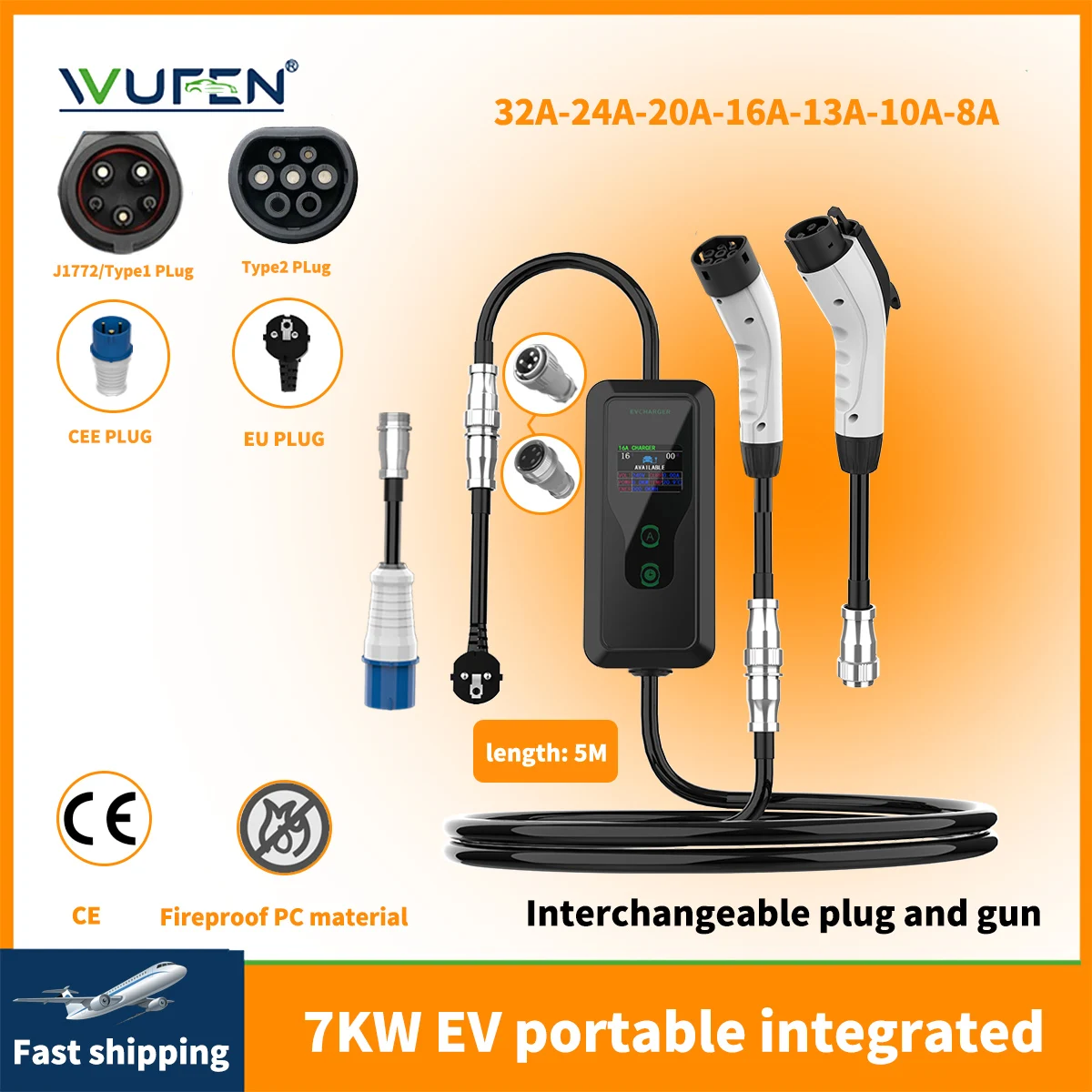 

Многофункциональный адаптер WUFEN 7 кВт, быстрый переключатель 2 в 1, тип 2 и тип1, зарядка электромобиля для IEC 62196 и SAE J1772, автозапчасти