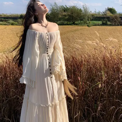 Coalfell Spring and Summer Vacation Style Solid Color Apricot White Cotton Linen Big Dress Temperament Long Dress