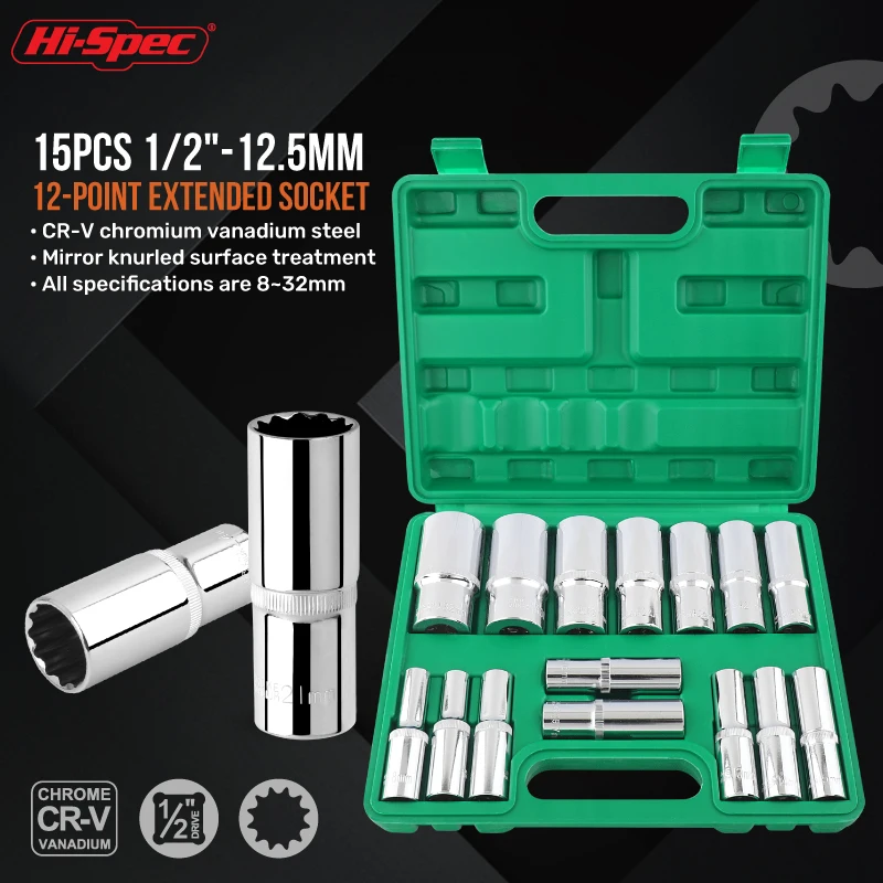 Hi-Spec 15PCS 1/2‘’ -12.5MM 12 Point Extension Hexagonal 15-Piece Bit Socket Set of Manual Long Sockets With 1/2‘’ Wrench