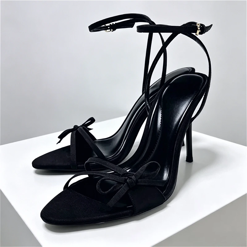Fashion Satin Butterfly Knot Detail Women's Sandals High Quality Adjustable Ankle Strap High Heels Elegant Party Dress Shoes