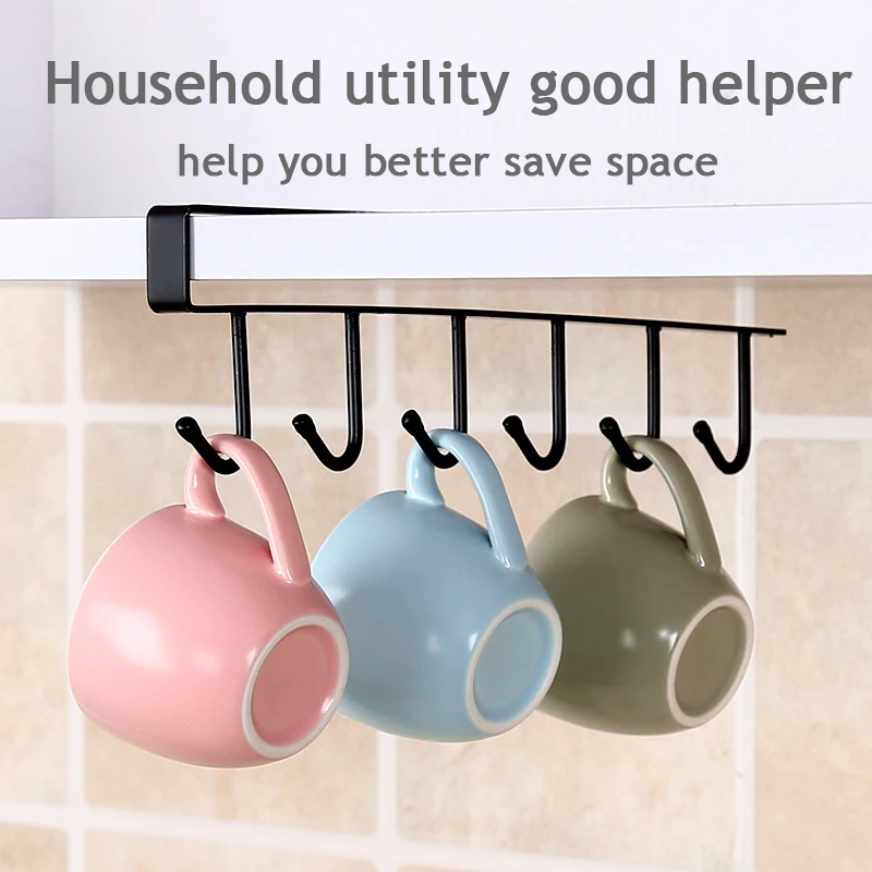 6 Hook Coffee Cup Mug Holder Black White Hooks Shelf Multifunction Kitchen Cabinet Sundries Organizer Storage Hanger