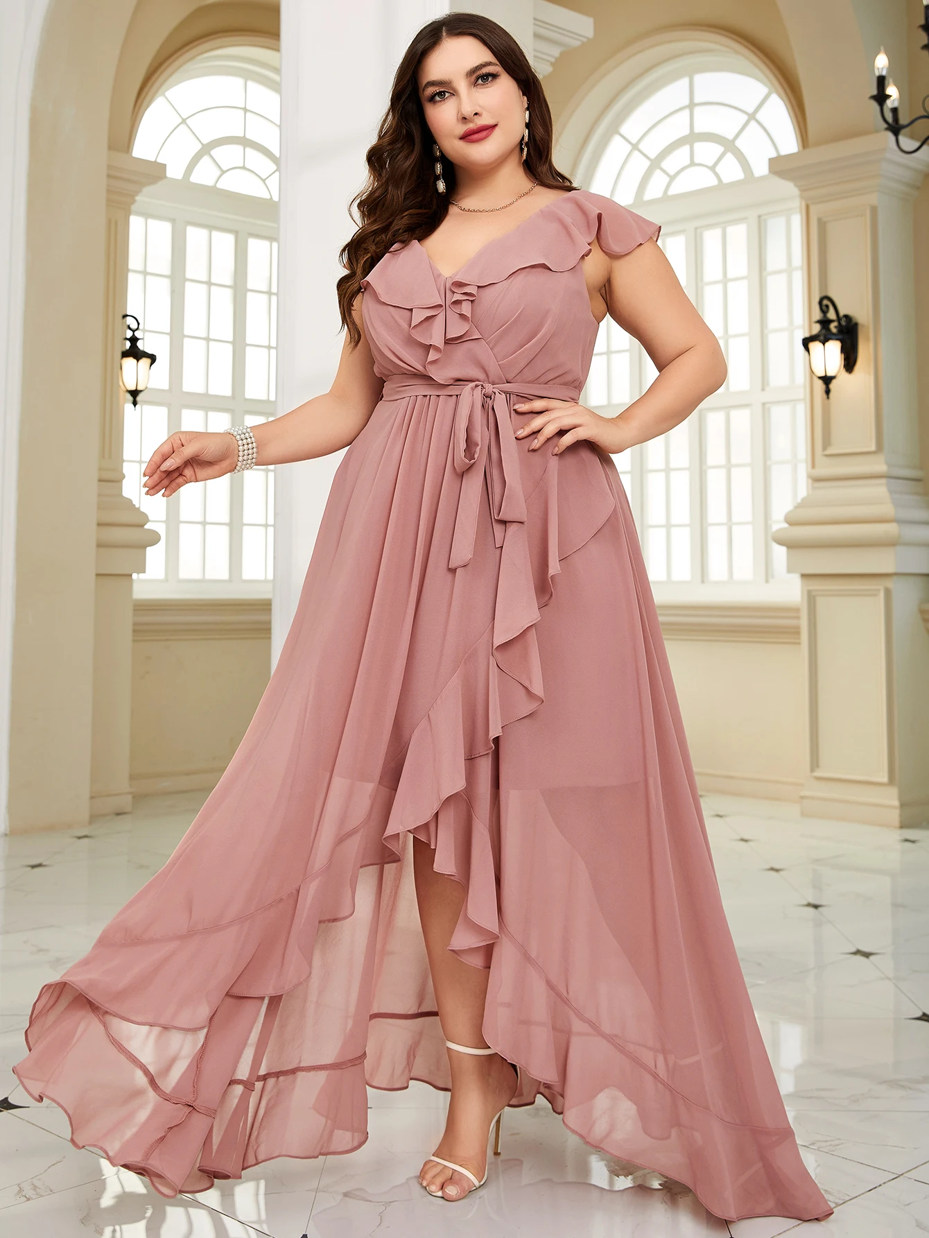 Unithorse Plus Size Women Summer Asymmetric Ruffle Lace Dress With Waist Belt Elegant Chiffon Formal Bridesmaid Dress