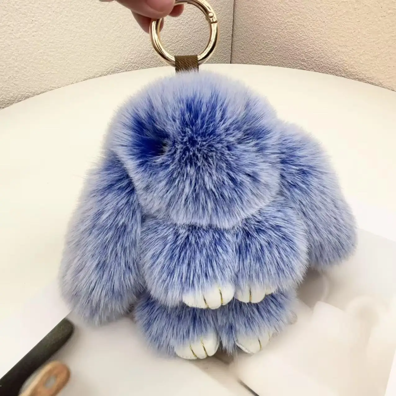 15 cm mehrfarbiger Kaninchen-Schlüsselanhänger, niedliches Plüsch-Häschen-Puppenspielzeug, flauschiges echtes Fell, Pompon-Häschen-Schmuckstück, süßer Ring auf Tasche, Autoschlüssel-Anhänger