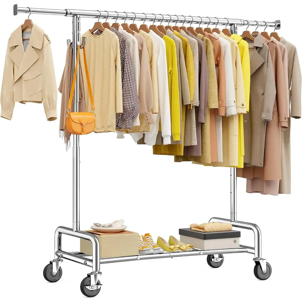 

Extra Wide 75 Heavy Duty Garment Rack, 450 lbs Capacity, 4 Hooks, Lockable Wheels for Home and Commercial Use