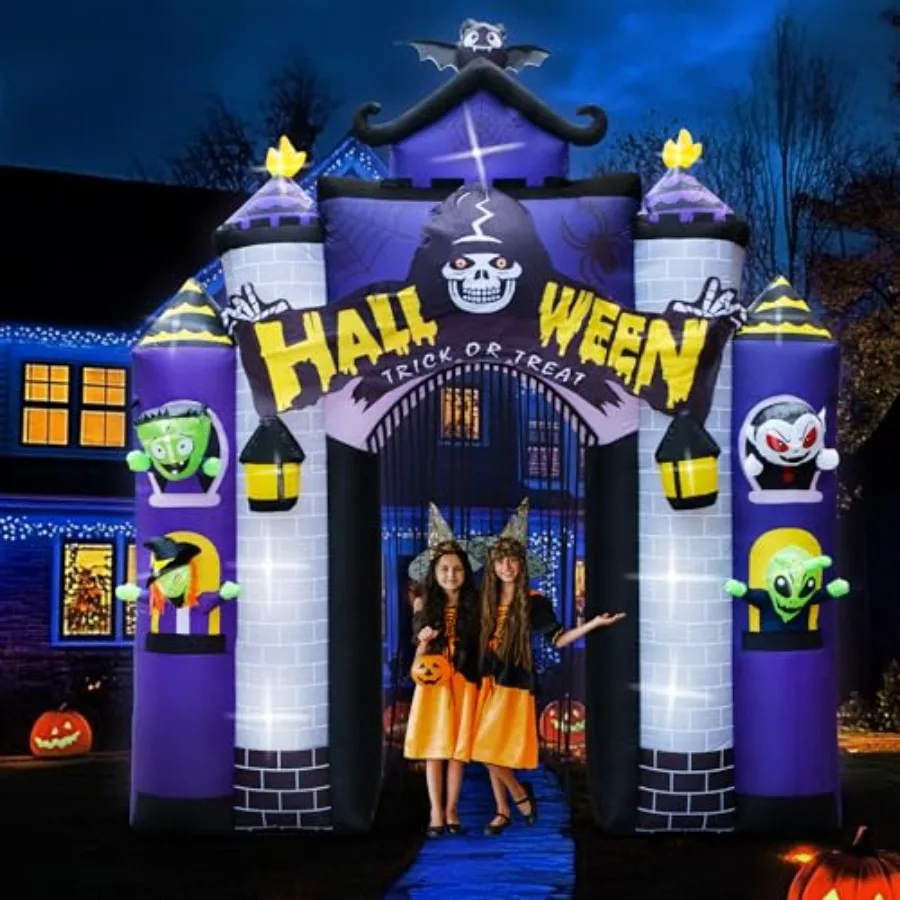 Halloween Opblaasbaar 2023 Kasteel 11.5FT met Deur LED Verlichting Spookhuis Boog voor Halloween Decoraties Outdoor Blow up Y
