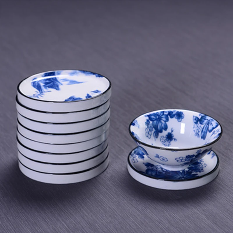 1PC Chinese Style Ceramic Tea Cup Mat Blue and White Porcelain Household Tea Set Accessory Japanese Coaster Insulating Mat