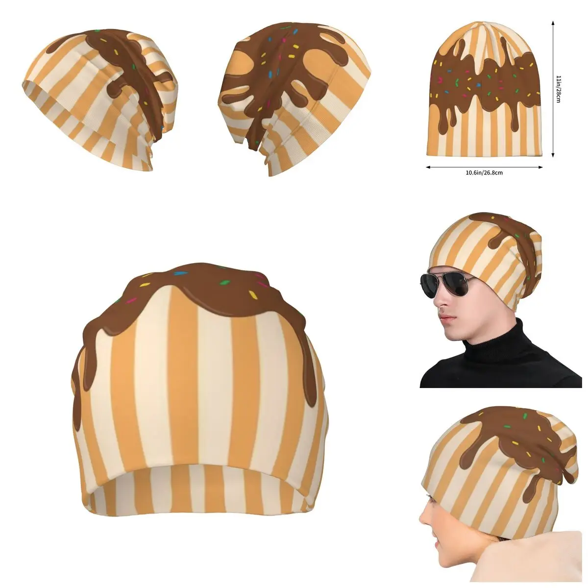 Nutty Chocolate Ice Cream Waffle Knitted Hat For Men And Women, Gift Unisex winter Warm Brimless printing Urinal Hat