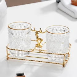 Bathroom Supplies Glass Mouthwash Cup Set Light Luxury Simple Golden Elk Iron Shelf Tooth Cylinder Cup Couple Brushing Cup Pair