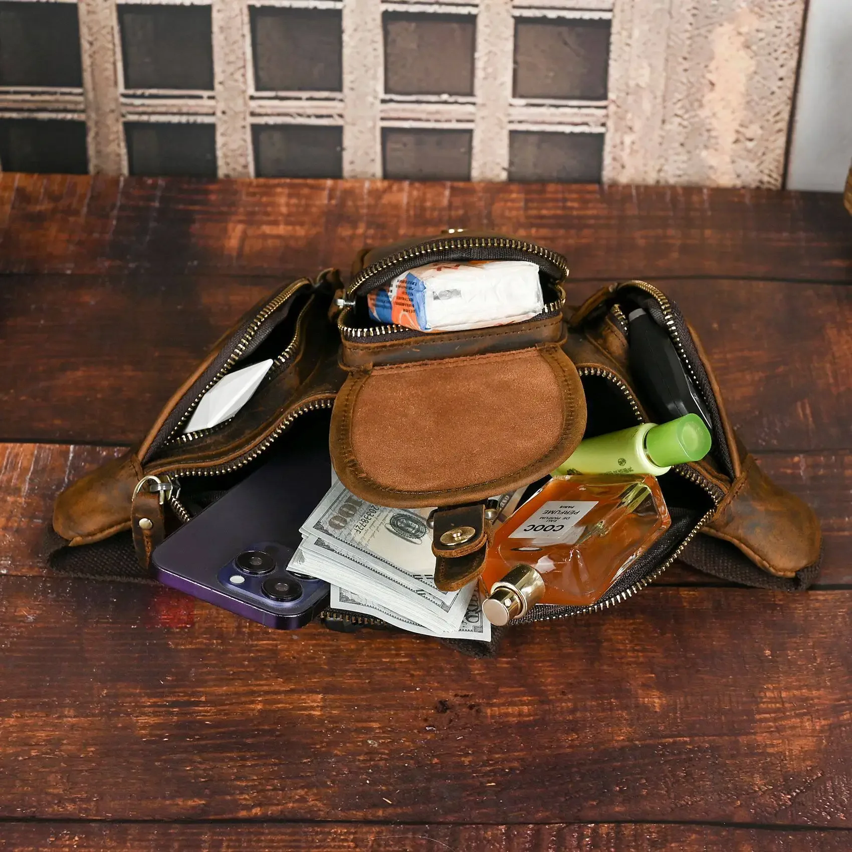 Retro first-layer cowhide fanny pack, leisure outdoor mountaineering tourism 8-inch oblique span bag