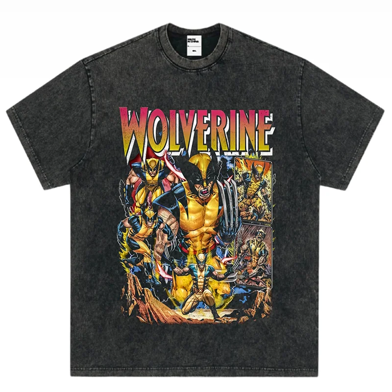 Marvel Spider-Man Wolverine Print vintage washed short sleeve top men's cotton casual T-shirt y2k men's and women's half sleeve