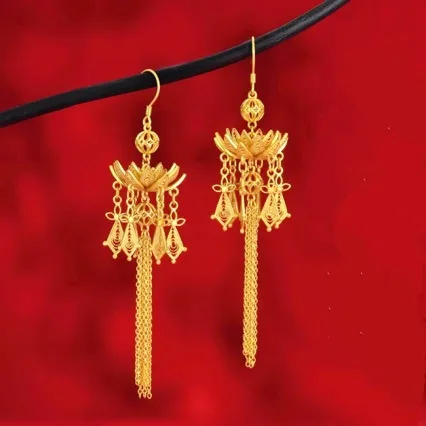 

Women's 24K Gold AU999 "Lotus Steps" Vintage Palace Earrings | Double-sided patterns, cultural for gatherings