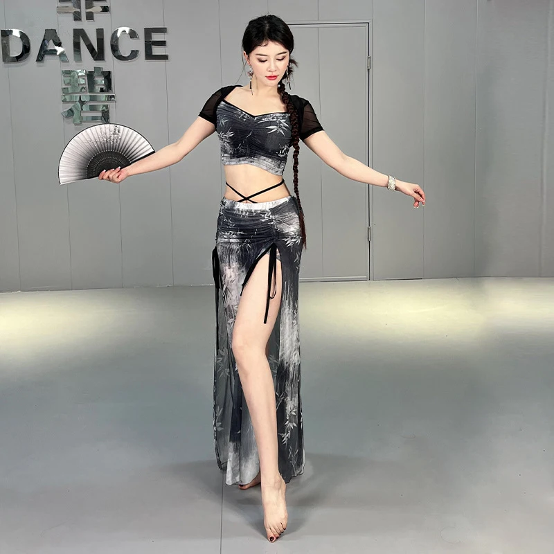 Belly Dance Practice Suit for Women New Oriental Dance Costume Stage Outfit Belly Dance Beginners Sexy Long Skirt Set Ink Style