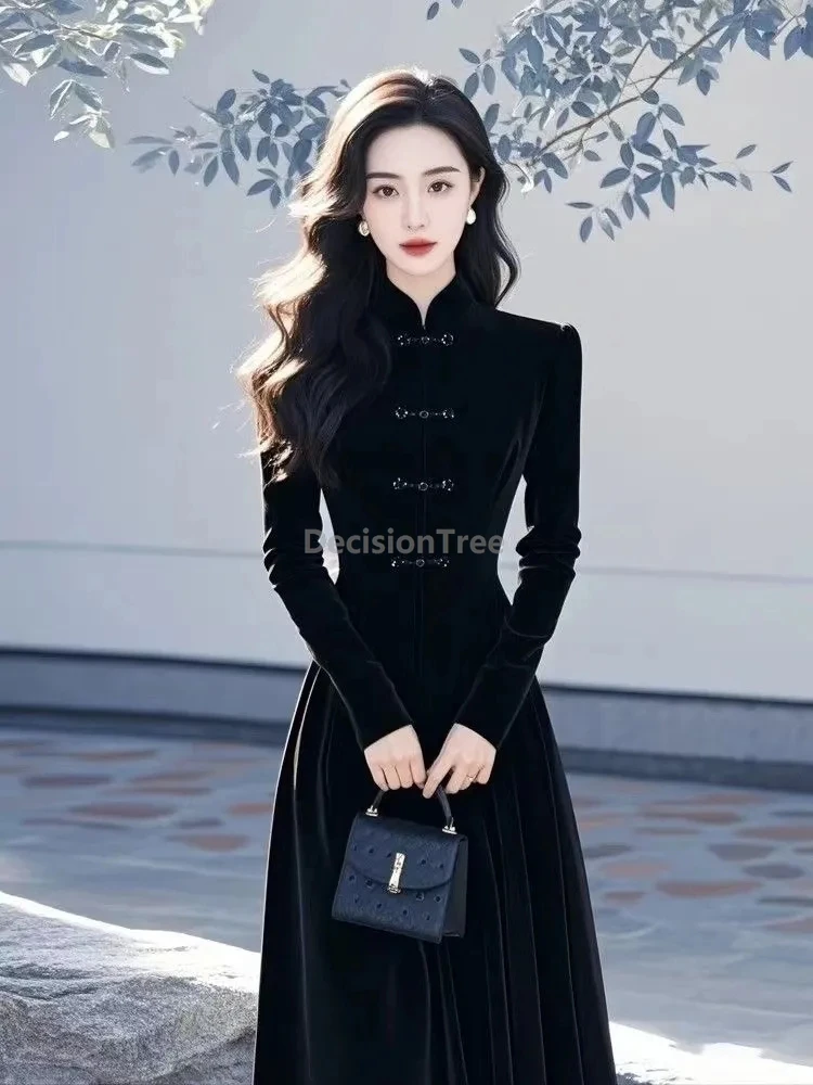 

Autumn winter Chinese style black Velvet dress improved modern fashionable long sleeve qipao dress elegant slim pack hip dress