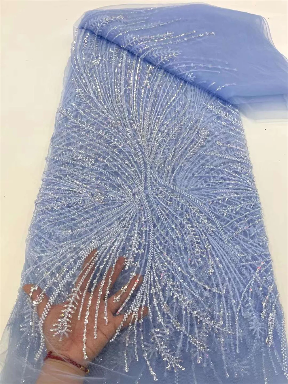 

Sky Blue Nice African Tulle Lace Fabric 2024 High Quality Lace Nigerian Beads Lace Fabric Sequins for Wedding Party Dress A131-1