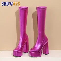 Elastic Slim Purple Women Platform Knee High Boots Thick Heels Shiny Silver Gold Party Club Show Spring Lady Stretch Long Boots