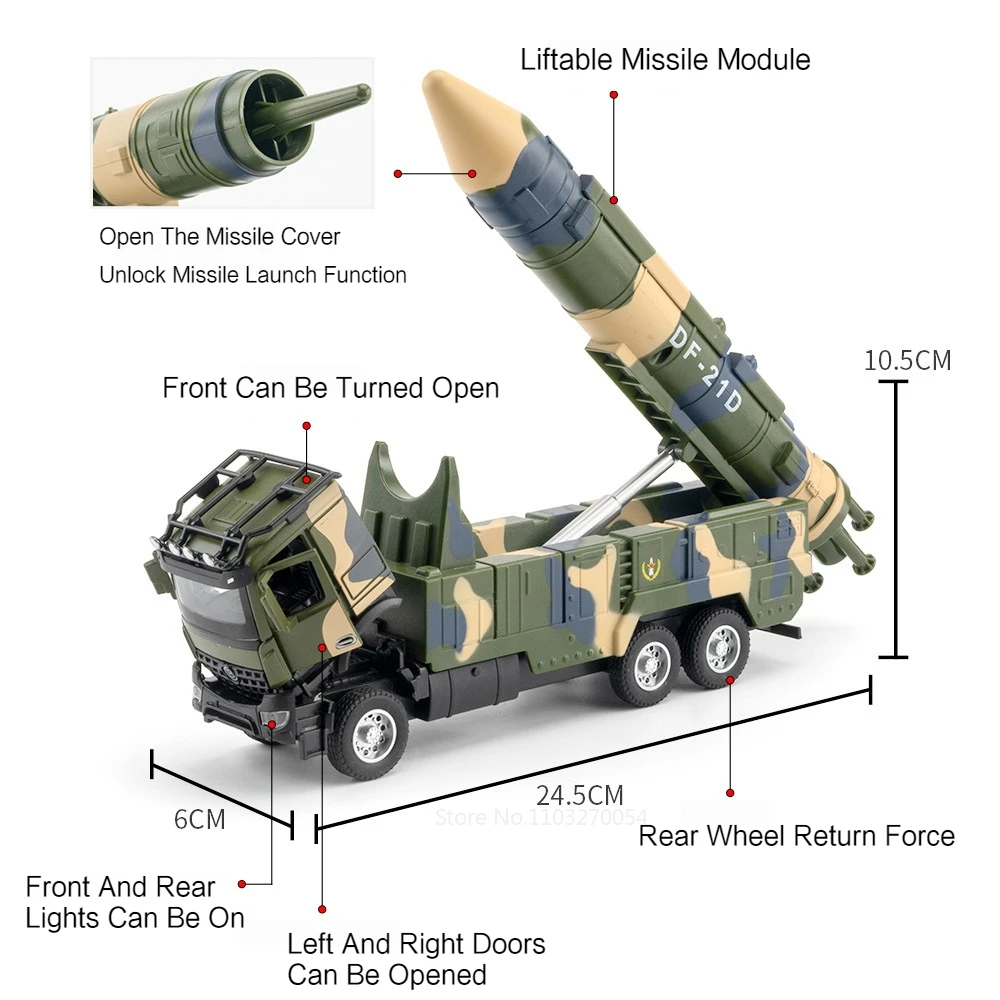 1/35 DF 21D Missile Car Model Toys Diecast Alloy Missiles Vehicle with Sound Light Pull Back Toy Birthday Gifts for Kids