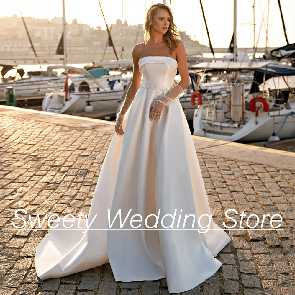 Vestido De novia sin tirantes para mujer, Vestido De novia sin mangas con cuentas De perlas, corsé De línea A, Vestido De novia De talla grande