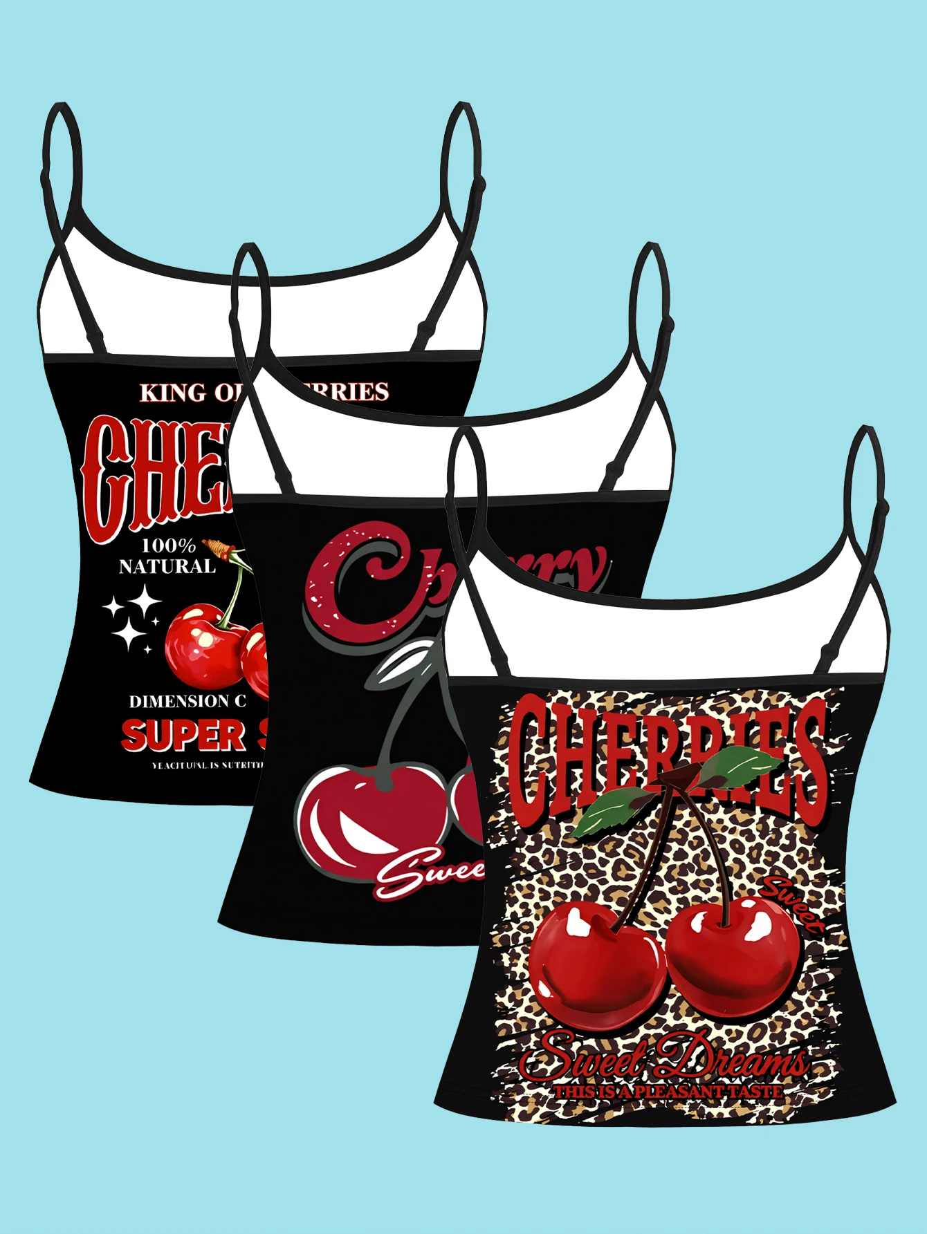 3-Pack Vintage Cherry Print Spaghetti Strap Tank Top American Sweet-Cool Style Leopard Print Cherry Slim-Fit Sleeveless Top Y2K Versatile Base Layer Shirt
