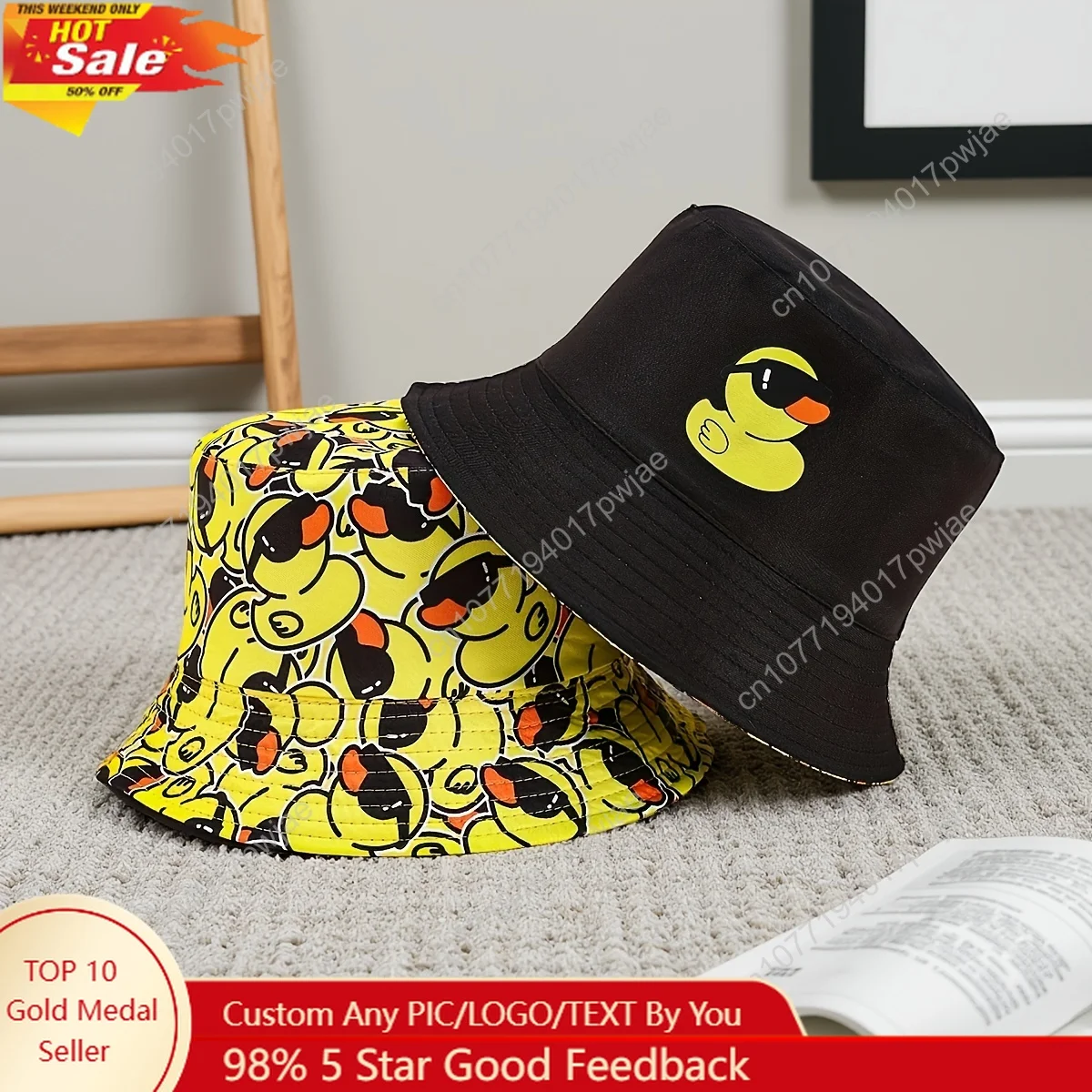 

Unisex Double-Sided Duck Print Bucket Hat - Lightweight Adjustable Fisherman Cap with Black & Yellow Duck Design for Outdoor, Be