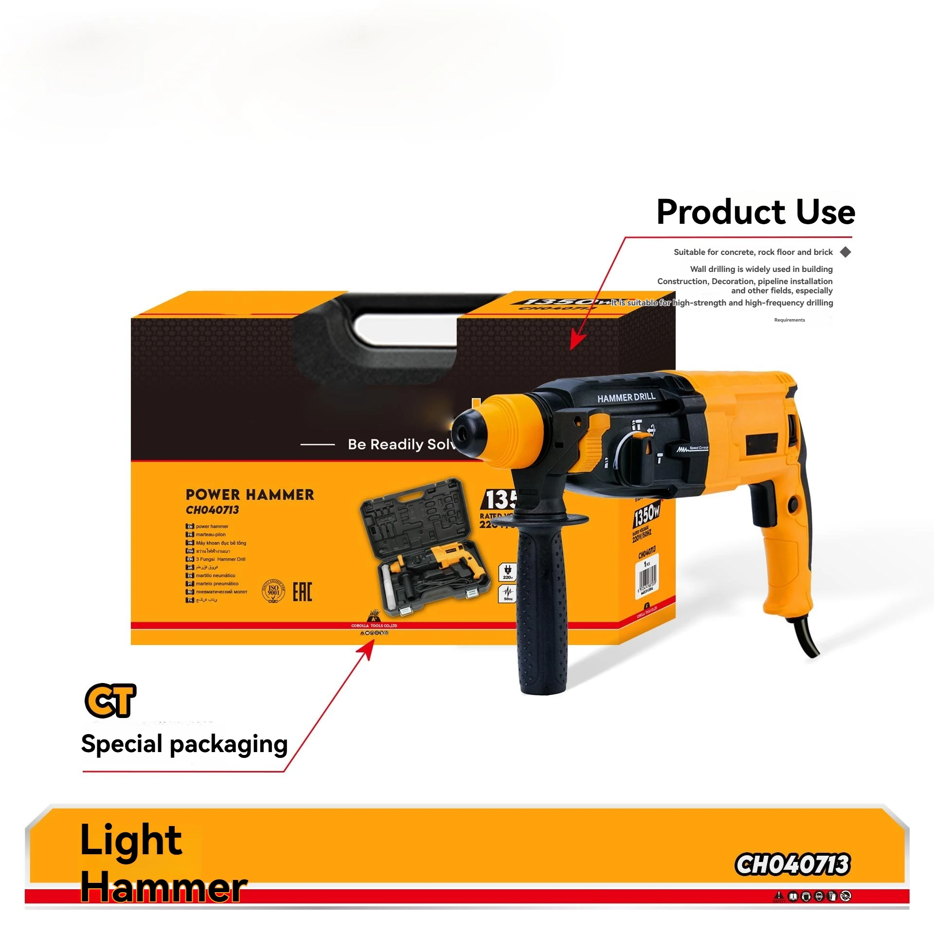 1350W 220V Electric Rotary Hammer Drill 1100RPM Impact Frequency Brushed Motor Heavy Duty for Concrete Wall Drilling