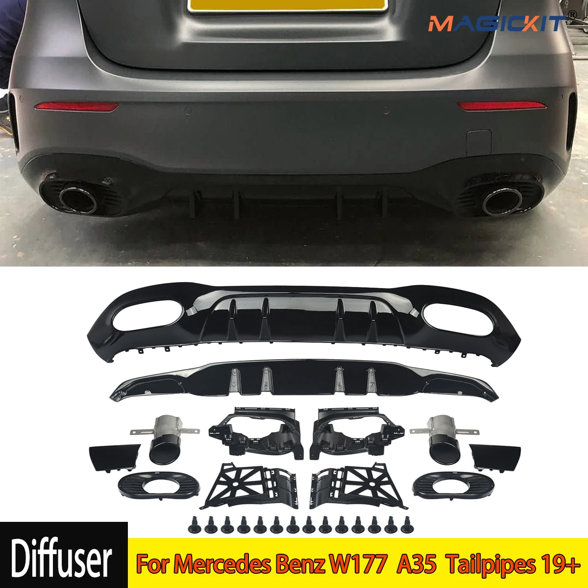 Rear Diffuser Lip For Mercedes Benz W177 A35 AMG Line Style 2018+ Back Bumper Spoiler Splitter With Exhaust Pipe Tips