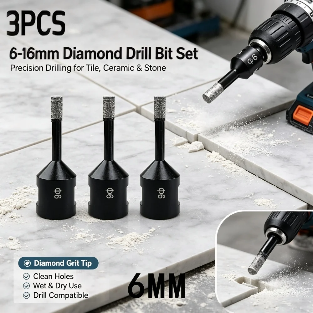 M14 Vacuum Brazed Diamond Core Drill Bit, 6‑16mm Dry‑Cut Hole Saw Cutter, for Ceramic Tile Granite Marble Stone Glass Drilling