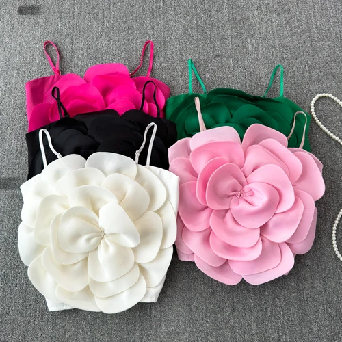 Imagen 1 del producto Camisola elástica con espalda ajustada para mujer, camiseta sin mangas lisa con flores grandes para chica, Top corto de verano 2024 para camisola femenina