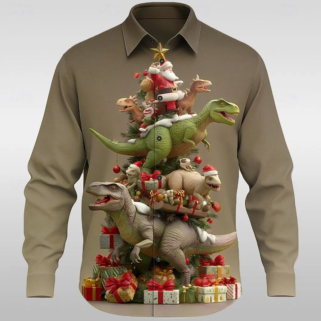 Men's Christmas Dinosaur Graphic Shirts 3D Print Creative Pattern Long Sleeve Lapel Shirt Fashion Casual Breathable Male Clothes