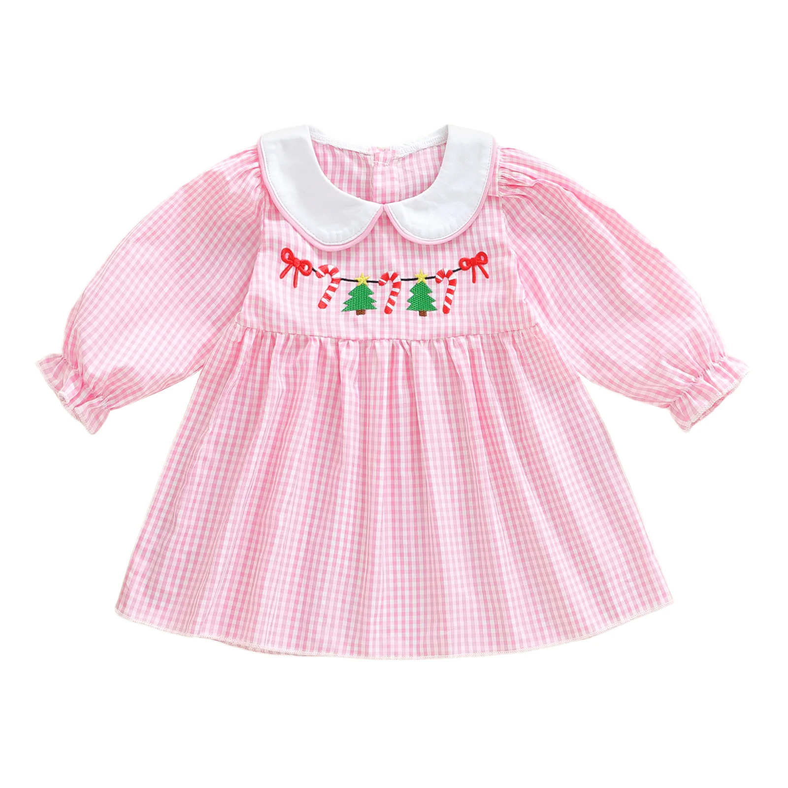 Infant Girls Red Plaid Dress with Reindeer Embroidery and Peter Pan Collar Long Sleeves Christmas Holiday Outfit