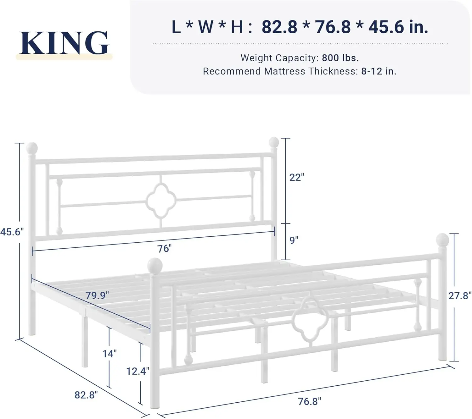 Extra large metal bed frame with Victorian retro headboard and footrest/under bed storage/noiseless/easy to assemble, white