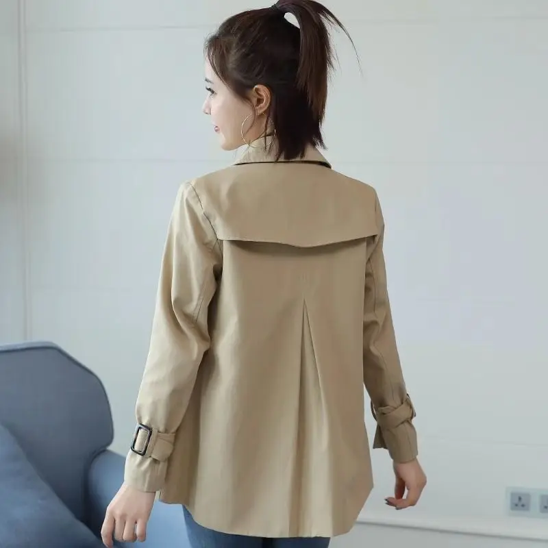 Spring Autumn Short Trench Coat Women's Khaki Design Long Sleeve Jacket Single-Breasted Coats Tie Black Tops