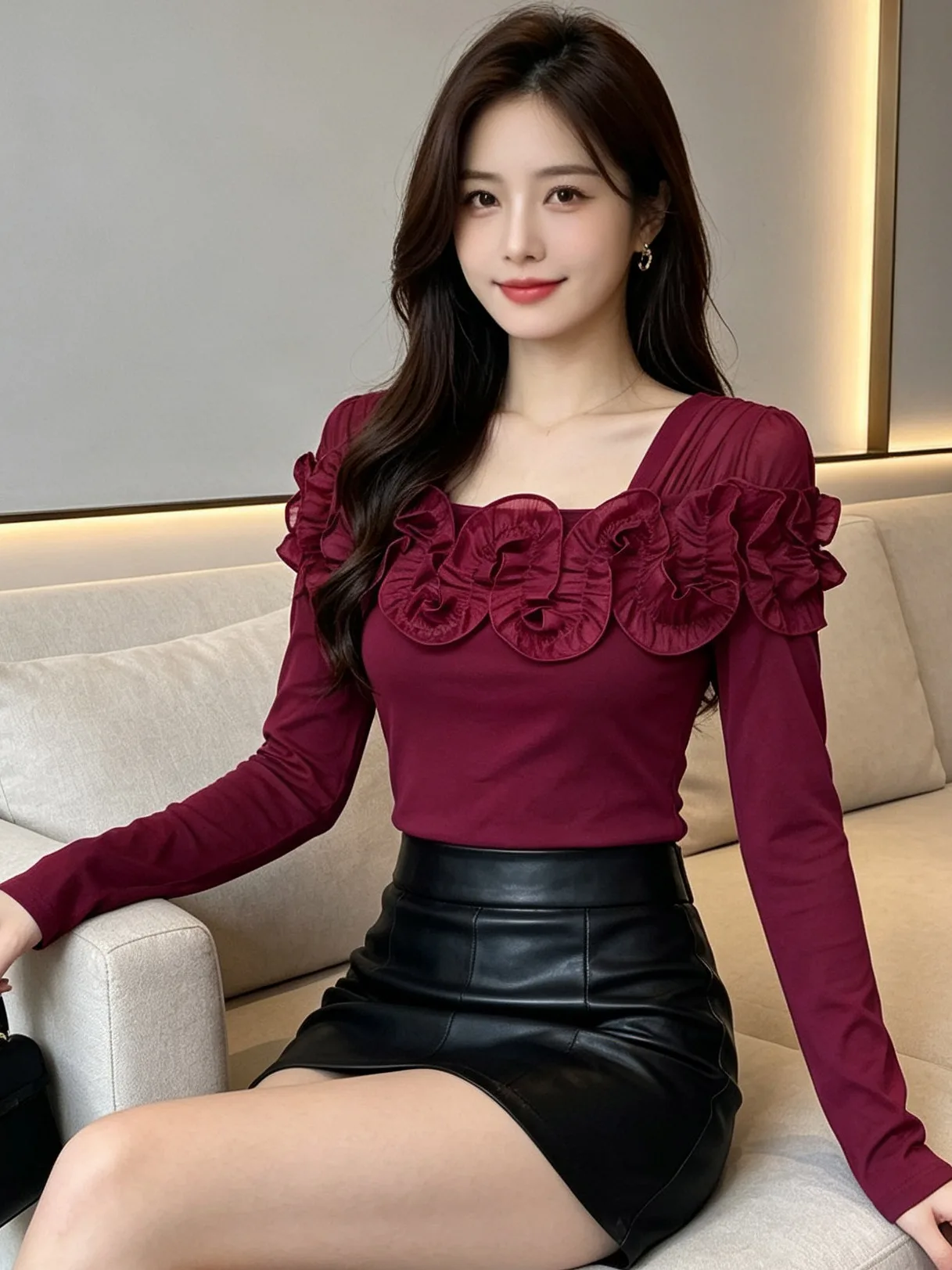 Slimming Long Sleeve Base Shirt Pure Color Heavy Work Flower Versatile Small Shirt T-Shirt for Women Autumn Winter Fashion Da...