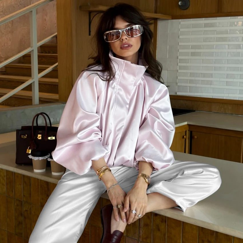 Linad Elegant Pink Satin Stand Collar Zipper Jackets 2026 Street Chic Slim Single Breasted Coats Casual Long Sleeve Outerwear