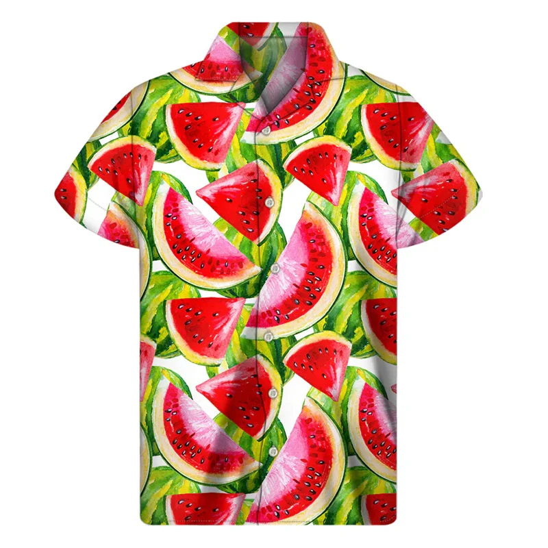 Tropical Watermelon Graphic Hawaiian Shirt Summer Street Short Sleeves 3d Printed Fruits Button Shirts Men Clothes Lapel Blouse