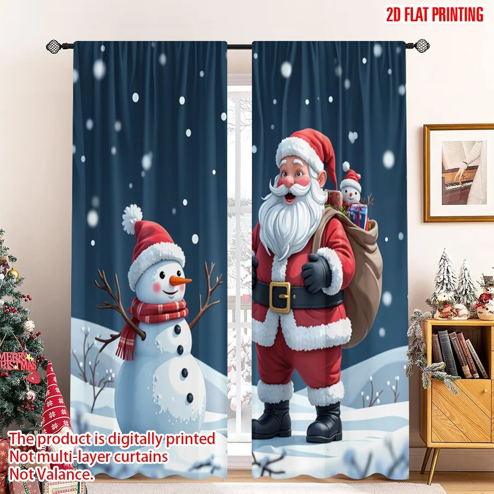 

2pcs 2D flat printing Christmas Scene Curtain Cute Snowman Santa Christmas 100% Polyester Without Electricity Festive Holiday