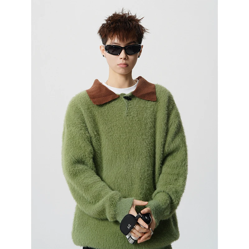

Lapel sweater men 2025 autumn winter New Contrasting-color collar personalized design pullover sweater
