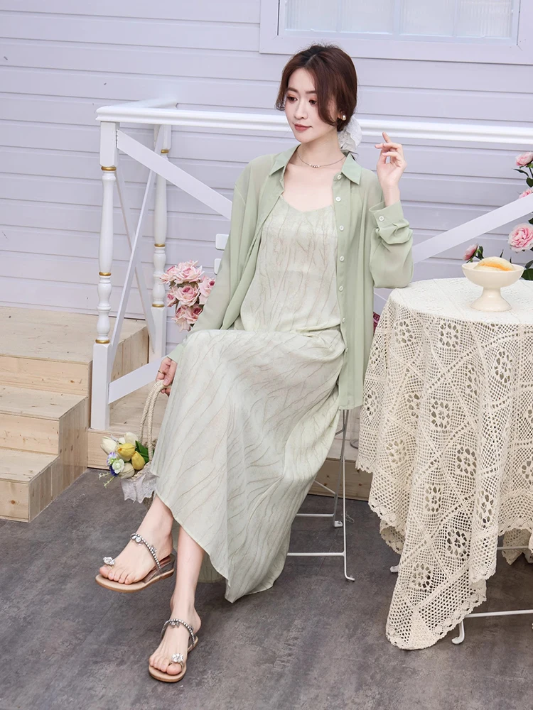 

Women's Set 2025 New Summer Casual Thin Long Sleeved Chiffon Shirt And Fashion Slim Printed Suspenders Dress 2-piece Sets