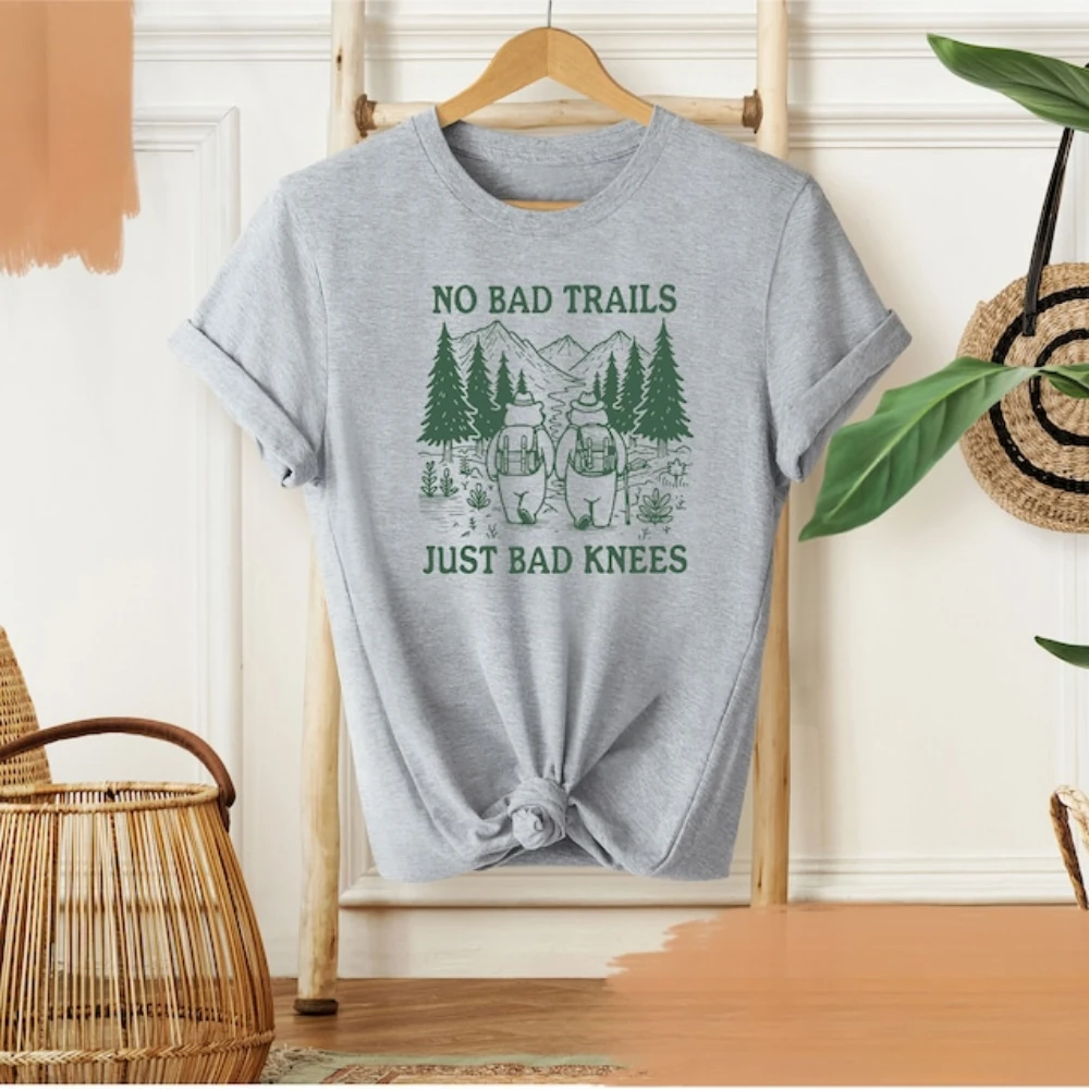 No Bad Trails Just Bad Knees Shirt Funny Hiking Nature Lover Clothes Family Camping Shirt Short-sleeve Round Neck Regular Fit